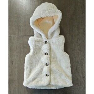 Hanna Andersson White Faux Fur Hooded Vest  Size 6 (120) Button Front Teddy Bear